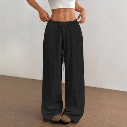 Women's Elegant Multi-Functional Stretch Waist Comfortable Casual Pants, Slightly Stretchy Simple Solid Textured Fabric High-Waist Wide-Leg Pants with Drawstring Waist and Slanted Pockets