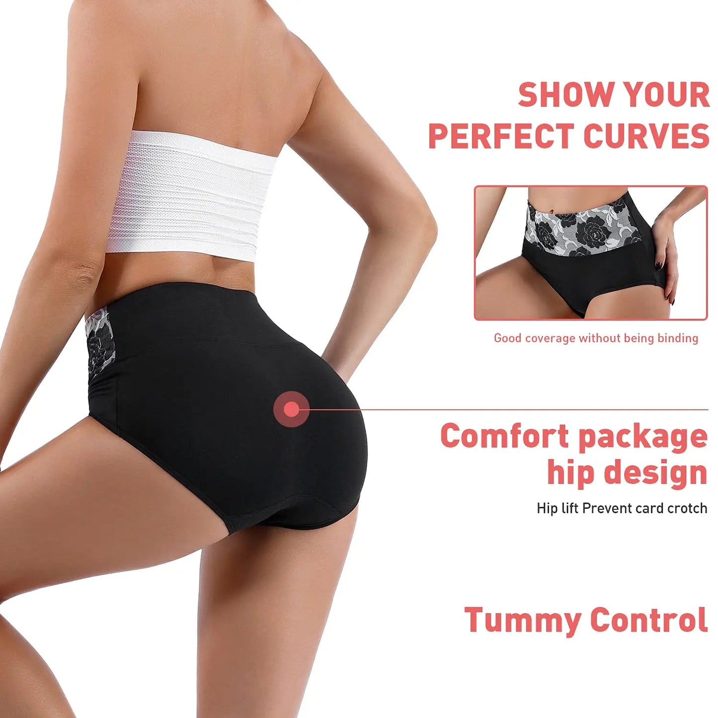 Plus Size L-5XL Women's Briefs Underwear Cotton High Waist Tummy Control Panties Rose Jacquard Ladies Panty Multipack