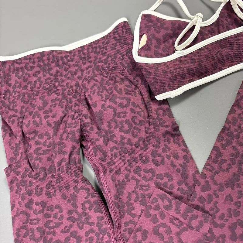 2 Pcs Fitness Sets Women Leopard Print Contrast Edge Removable Pad Bra Breathable Squat Proof Pants Suit Sports Workout Set