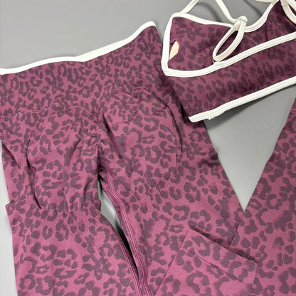 2 Pcs Fitness Sets Women Leopard Print Contrast Edge Removable Pad Bra Breathable Squat Proof Pants Suit Sports Workout Set