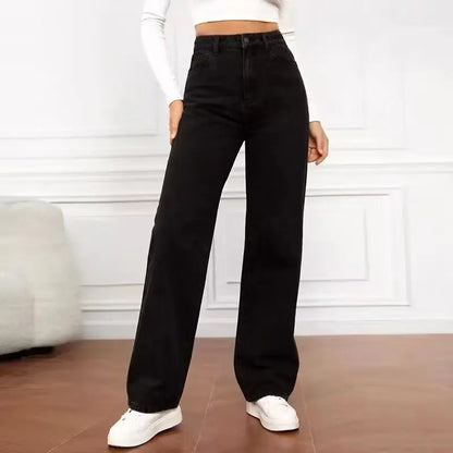 Black gray denim wide leg pants for women in autumn high waisted loose fit slimming and hanging straight leg pants