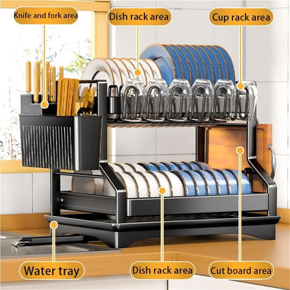 2-Tier Dish Drying Rack - Large Carbon Steel Kitchen Dish Rack with Drainboard & Utensil Holder