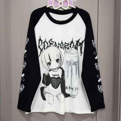 Spring Autumn Japanese Yami Kawaii Girly Goth T Shirt Long Sleeve O-Neck Print Loose Top Jirai Kei Subculture Casual Shirt Women