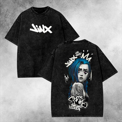 Arcane Jinx Unisex Fit Washed T-Shirt, Retro Game Character Vintage Washed Shirt, Gift For Game Lovers