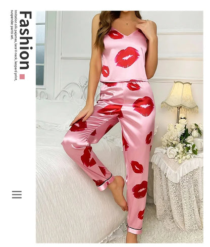 Women's Satin Pajama Set with Lip Print V-Neck Cami Top and Elastic Pants For Women Pijama Comfortable Sleep and Loungwear