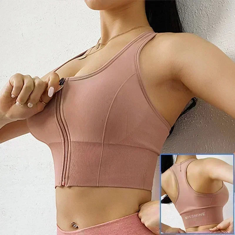 Front Zipper Sports Bra - Women's Athletic Crop Top, Push Up Wireless Fitness Tank