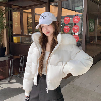 Hooded Puffer Jacket Women Winter Thick Warm Short Coat With Fur Collar Cinched Waist Plush Casual Sweet Streetwear Outerwear