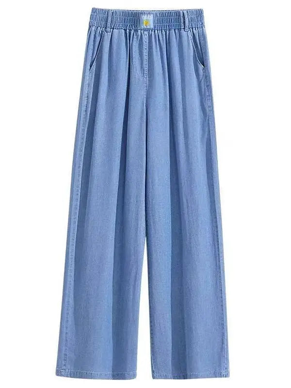 Spring Summer Ice Silk Wide Leg Jeans Loose Casual Pants Thin Lightweight Women's plus Size Elastic Waist Drapey Loose Fit