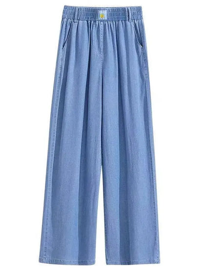 Spring Summer Ice Silk Wide Leg Jeans Loose Casual Pants Thin Lightweight Women's plus Size Elastic Waist Drapey Loose Fit