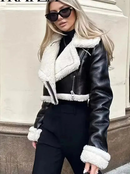 Faux Leather Jacket - Women's Winter Coat With Zipper Front & Turn-Down Collar