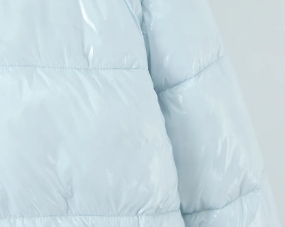 New Winter Fashion Women Bright Light Blue Zipper Up Bread Parka Coat Woman Stand Collar Removable Hooded Long Sleeve Outerwear