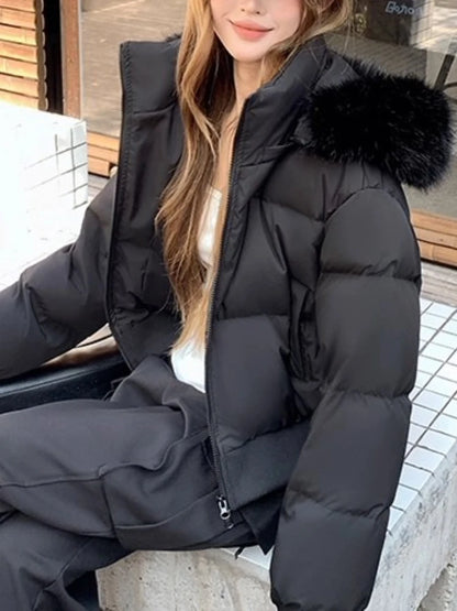 Hooded Puffer Jacket Women Winter Thick Warm Short Coat With Fur Collar Cinched Waist Plush Casual Sweet Streetwear Outerwear