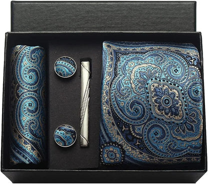 Silk Necktie Set - Paisley Floral Tie with Pocket Square Tie Clip  Cufflinks for Men in Gift Box