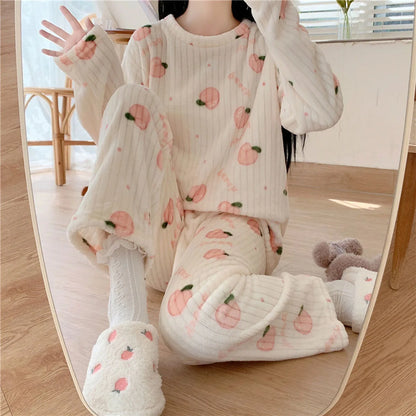 Winter Women's Pajamas Homewear Suit New Coral Fleece Warm Set of Fall and Winter Comfortable Warm Pajamas Homewear Suit