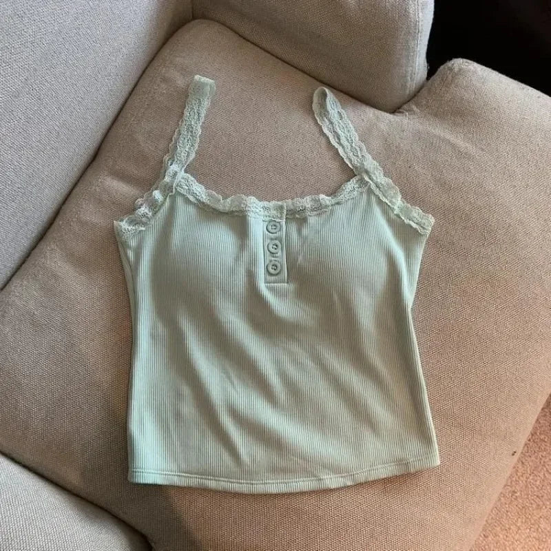 Sexy White Knit Camisole Lace Tank Top Cropped Vest Women's Sleeveless Crop Tops with Chest Pad Y2k Cute Summer Slim Undershirt