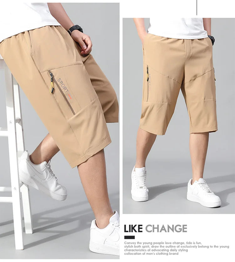 Mens Cargo Shorts - Knee Length Cotton Shorts With Zipper Pockets & Elastic Waist