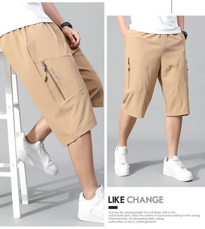 Mens Cargo Shorts - Knee Length Cotton Shorts With Zipper Pockets & Elastic Waist