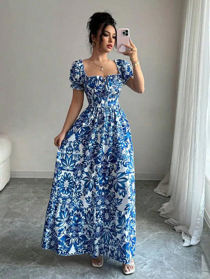 Women's Floral Dress - Blue Bubble Sleeve Ankle Length Casual Vacation Dress