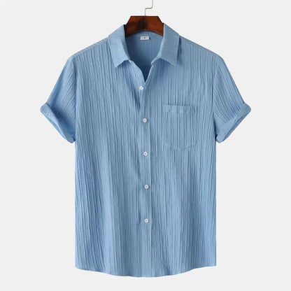 New 9 Color Men's Solid Striped Shirt Summer Fashion Short Sleeve Flap Top Men Casual Holiday Everyday Men