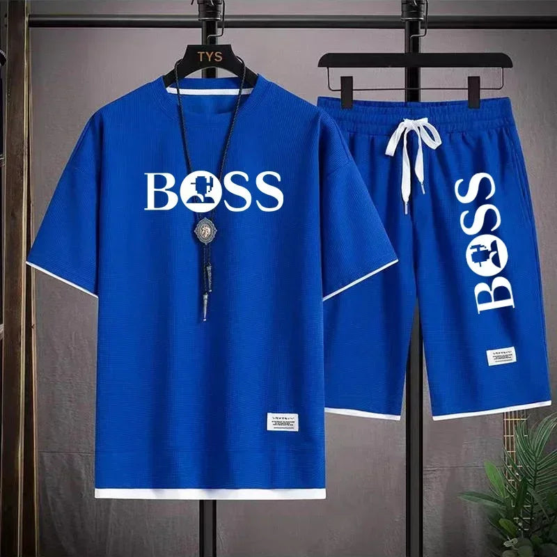 Fashion men's casual sports set new 2025 summer outdoor breathable round neck men short sleeve T-shirt + shorts two sets