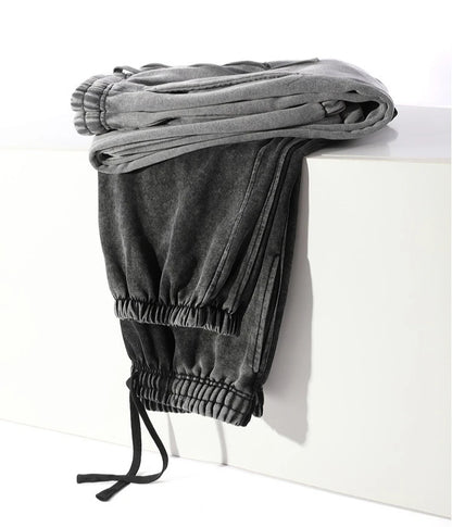 350g Water-Washed Distressed Loose Fit Casual Sweatpants with Ankle Ties - Retro American Style for Autumn/Spring