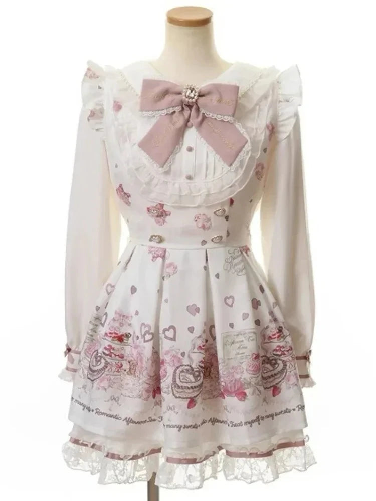 Japanese Y2 Aesthetics Vintage Bow Dress Shorts Set Women Gothic Lolita Style Long Sleeve Shirt Dress Elegant Party Dress Suits