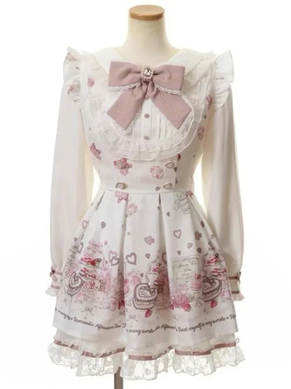 Japanese Y2 Aesthetics Vintage Bow Dress Shorts Set Women Gothic Lolita Style Long Sleeve Shirt Dress Elegant Party Dress Suits