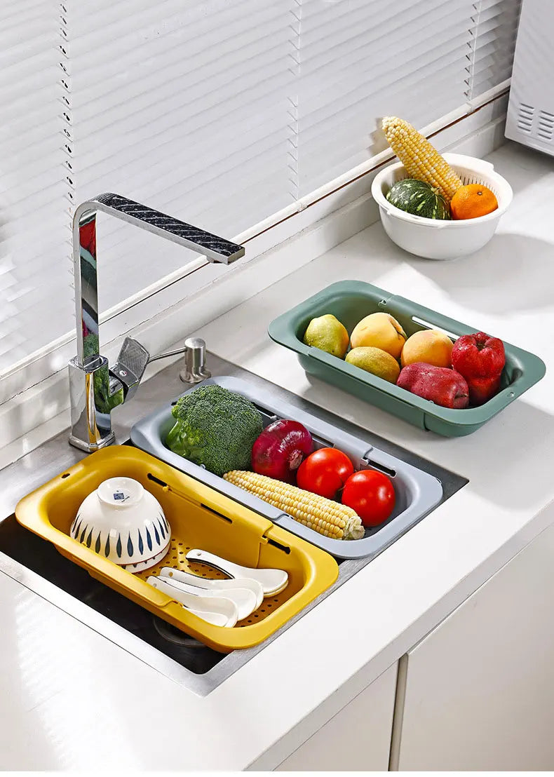 Sink Drain Rack – Adjustable Retractable Kitchen Shelf with Plastic Drain Basket
