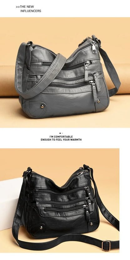 Soft Leather Shoulder Bag - Women's Crossbody Double Layered Large Capacity Tote