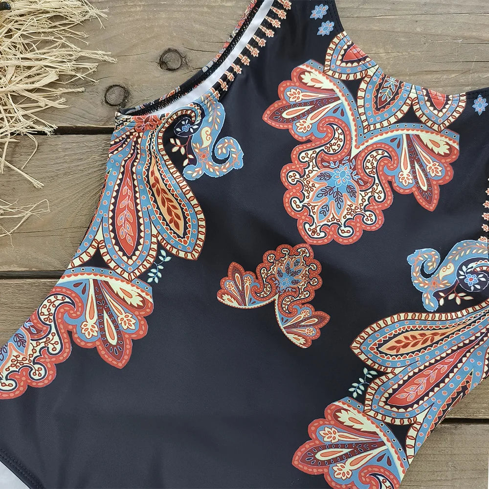 2026 New Printed One-piece Swimsuit Classic Printed Lace Up Swimsuit Women's Push Up Flower One-piece Suit Beach Wear For Female