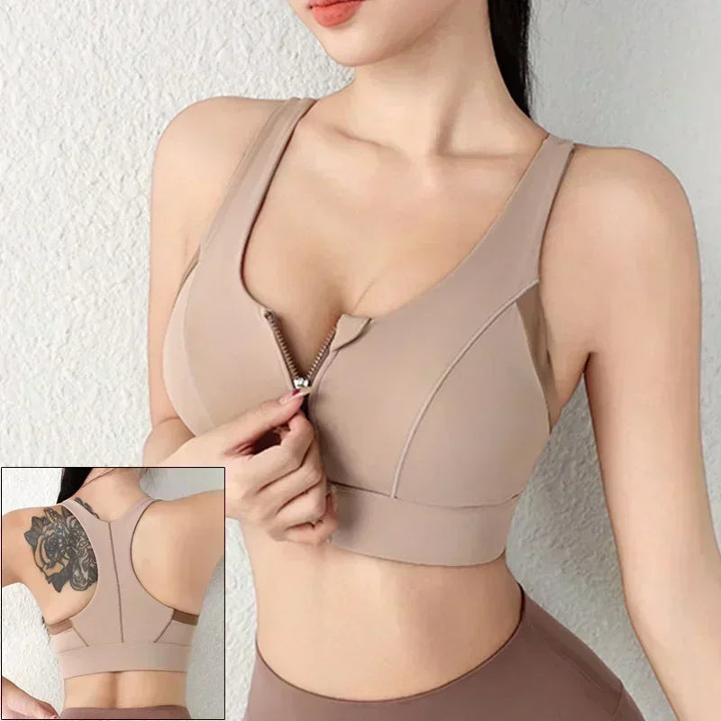 Front Zipper Sports Bra - Women's Athletic Crop Top, Push Up Wireless Fitness Tank