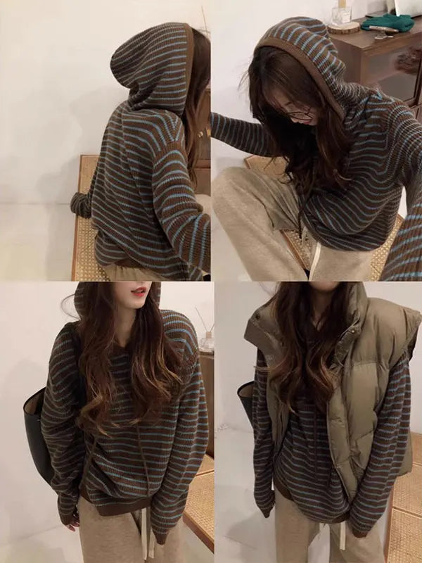 Autumn Winter Women's Vintage Knitted Hat Coat Soft Cozy Loose Fit Striped Hoodie Sweater Outerwear Trendy Commute Style Long...
