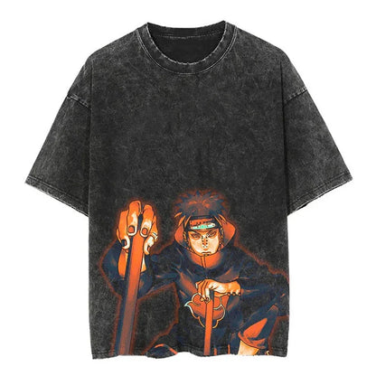 Men Streetwear Tshirt Japanese Naruto Anime Graphic T-Shirt Cotton Harajuku Washed T Shirt Summer Hip Hop Tops Tees Black