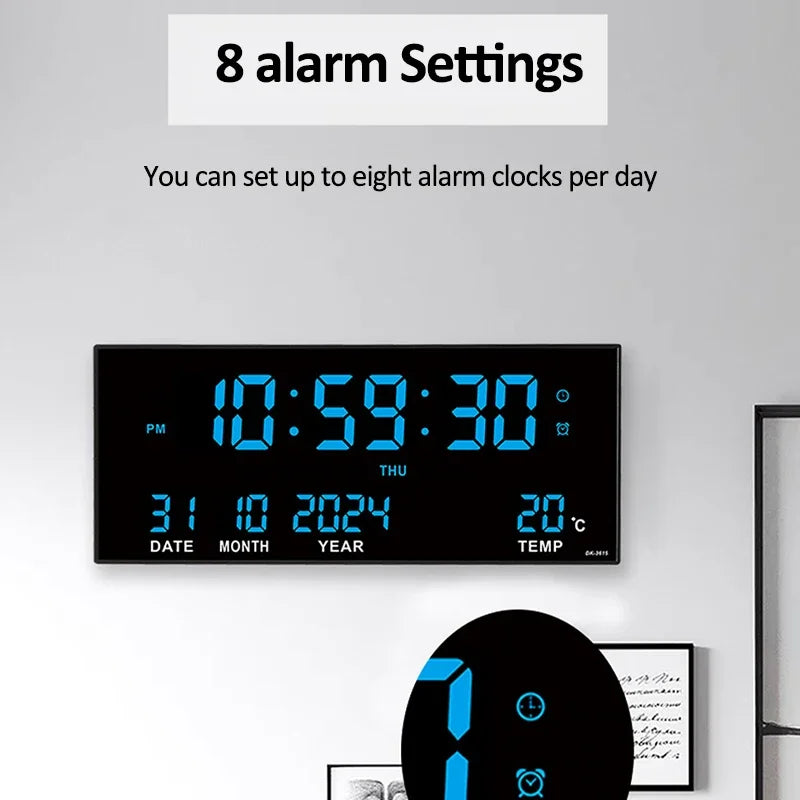 Large Digital Wall Clock with Alarm Temperature  Date Display - 14 LED Plug-In Clock