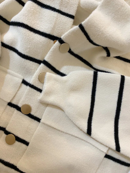 Loose Women's Knitted Cardigan Coat with Big Pockets Striped Splicing Drawstring Hem Single Buttoned Open Front Sweater