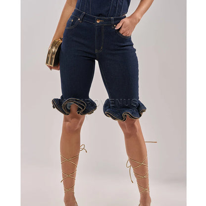Wave Ruffle Hem Slim Denim Shorts Women Casual High Waist Slim Fit Ruffled Denim Shorts Fashion Slimming Streetwear