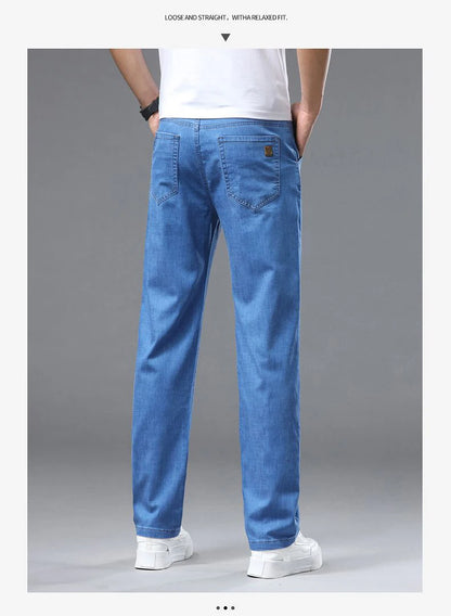 Light blue classic business jeans, fashionable breathable denim elastic pants, black blue men's straight leg jeans, sizes 28-40