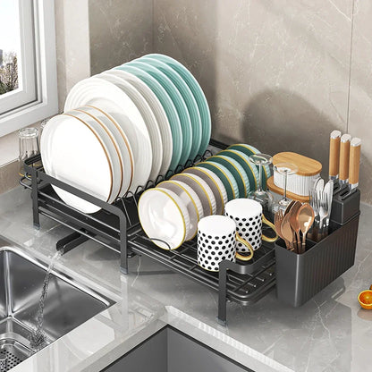 Expandable Dish Drainer - Adjustable Kitchen Rack with Drainboard, Utensil & Cup Holder