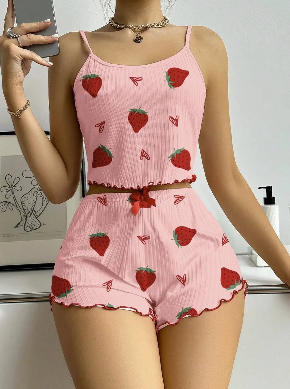 New Strawberry Print Sleepwear Set Women's Ribbed Pajamas with Hearts & Bow Soft Comfy Lounge Set with Shorts Cute Summer PjGift