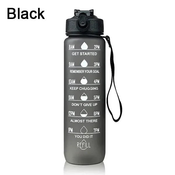 1L Sports Water Bottle with Straw and Time Marker Plastic Motivational Water Bottle Drinking Bottle Leakproof for Fitness Gym