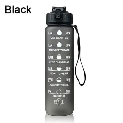 1L Sports Water Bottle with Straw and Time Marker Plastic Motivational Water Bottle Drinking Bottle Leakproof for Fitness Gym