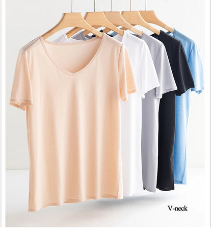 Women's V-Neck T-Shirt – Silk-Linen-Cotton Solid Summer Tee