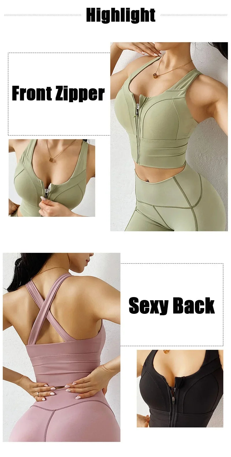 Front Zipper Sports Bra - Women's Athletic Crop Top, Push Up Wireless Fitness Tank