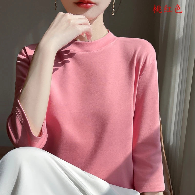 Cotton Cropped T-Shirt - Women's Semi-High Neck Loose Fit Three Quarter Sleeve Top