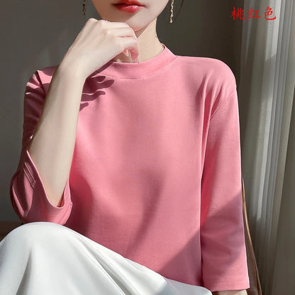 Cotton Cropped T-Shirt - Women's Semi-High Neck Loose Fit Three Quarter Sleeve Top