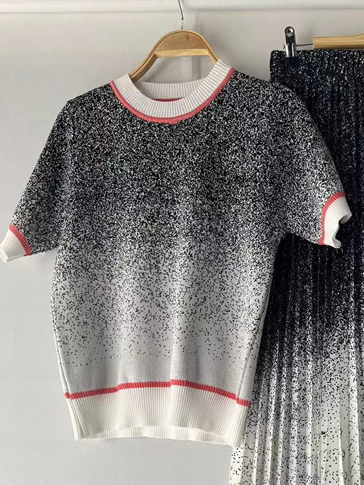 Designer retro geometric print T-neck knitted pullover two-piece 2026 summer women's dress+loose pleated skirt fashion suit