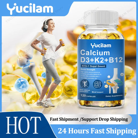 Vitamin D3 + K2 + B12 Calcium Capsule Daily Vitamin Supplement Supports Healthy Bones & Muscles & Heart & Energy & Mood Function