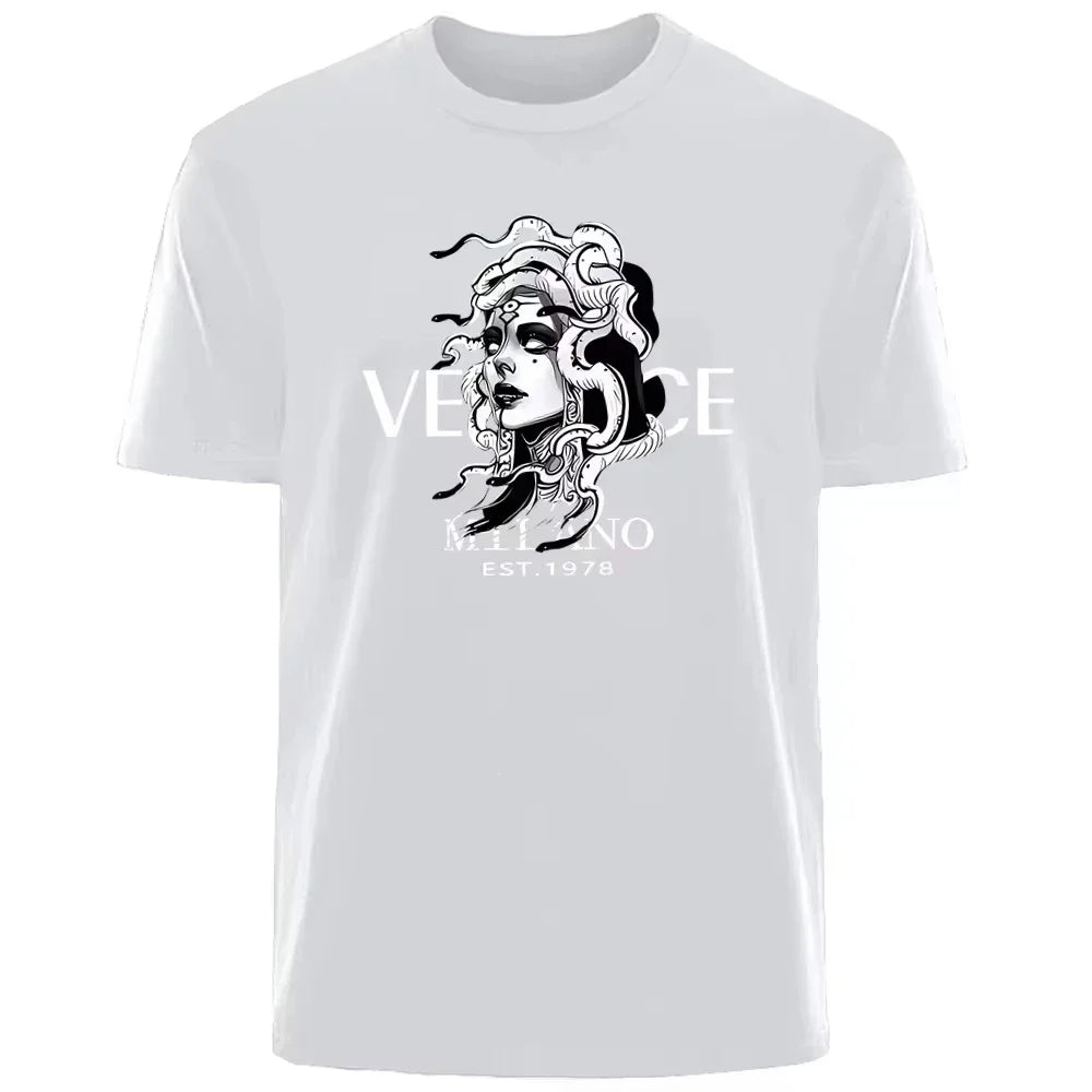 Luxury Summer T-Shirt - Men's Breathable Cotton Knit Medusa Print Tee for Daily Commuting