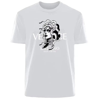 Luxury Summer T-Shirt - Men's Breathable Cotton Knit Medusa Print Tee for Daily Commuting