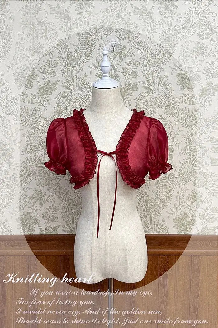 Lolita Women Summer Crop Blouse  Y2k  Sweet Bandage JK Blusas Capes Cosplay Harajuku Ruffled Puff Sleeve Shirt Kawaii Mujer